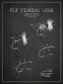 A vintage Fly Fishing Lure patent drawing on Dark grunge background.